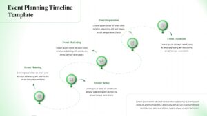 Event Planning Timeline Template - Light version curved timeline with 5 green nodes for PowerPoint and Google Slides