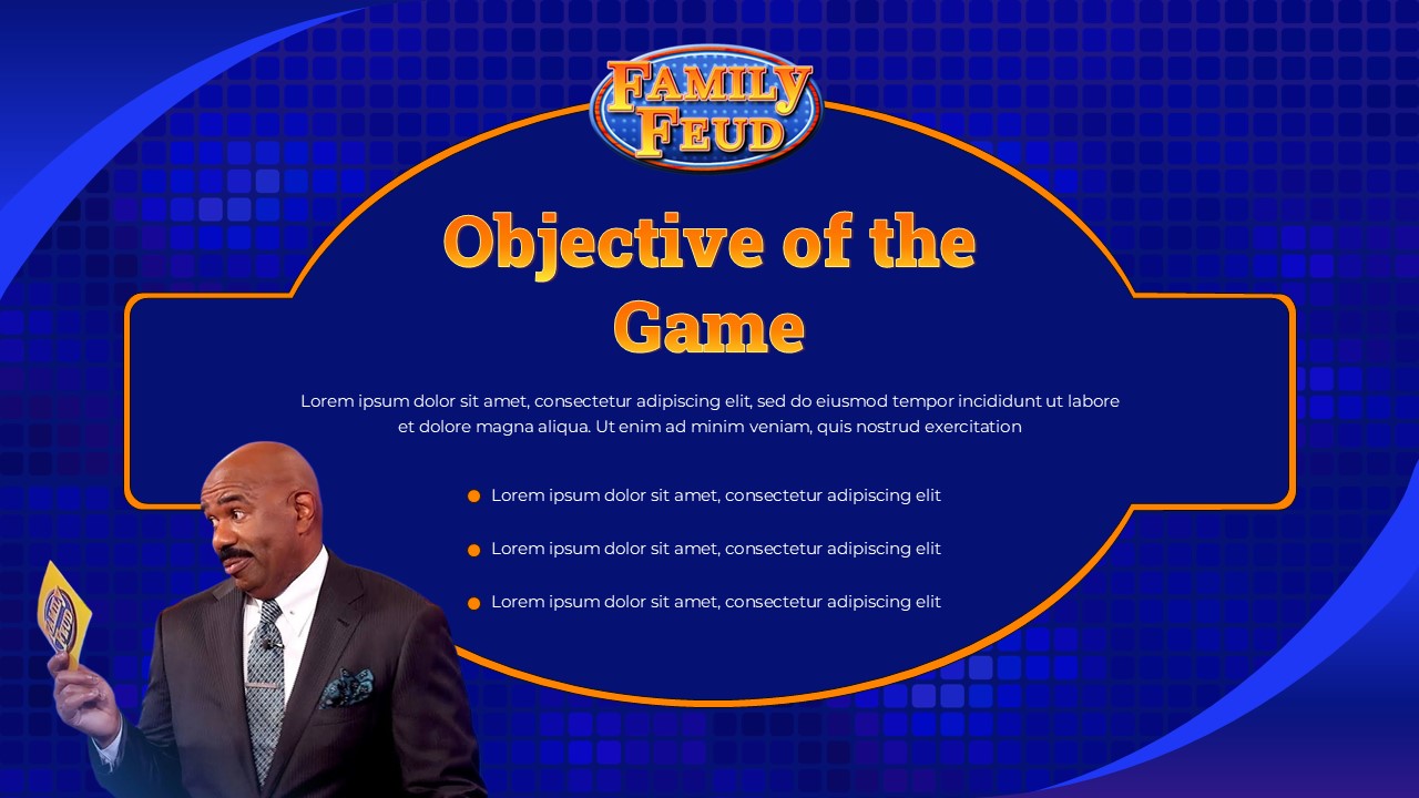 Game objectives explanation slide with Family Feud PowerPoint Template