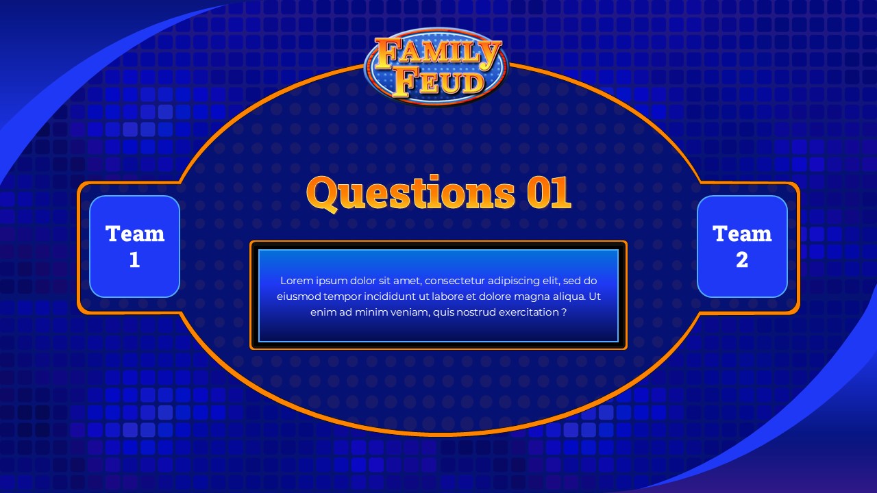 Question presentation slide with team scoring for Family Feud PowerPoint Template
