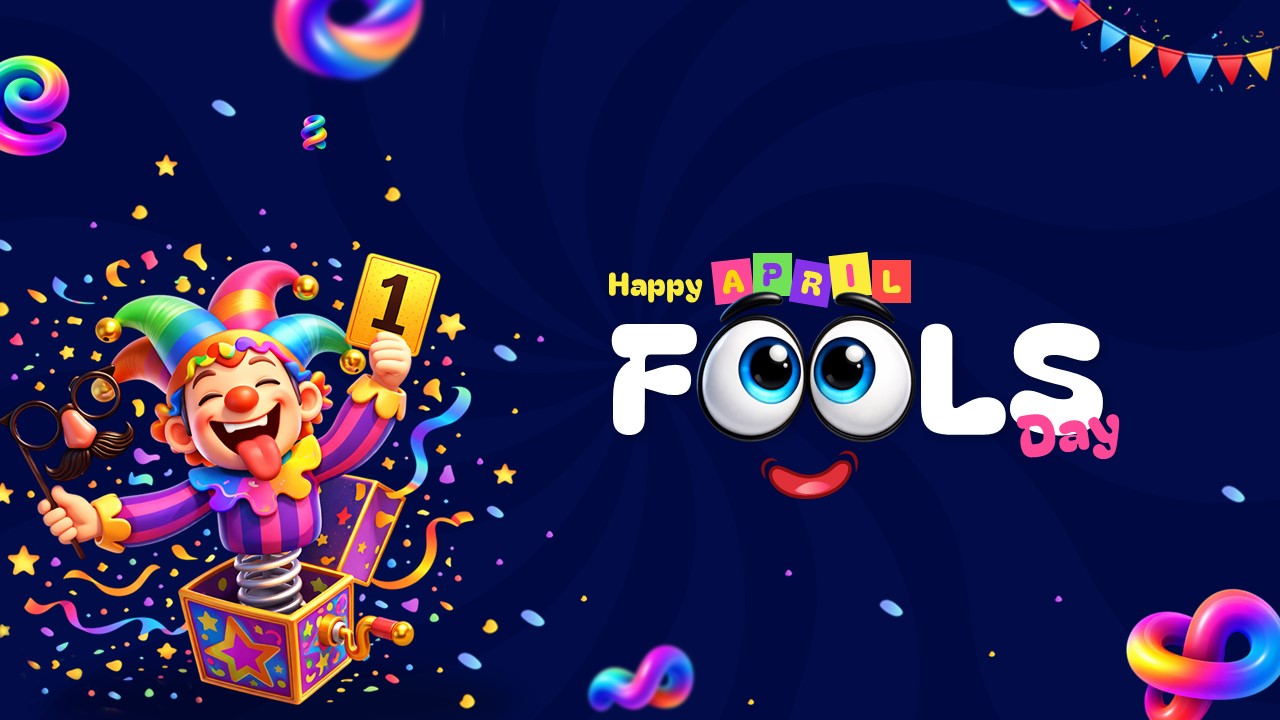 April Fool's Day event presentation with colorful jack-in-the-box character and festive confetti design