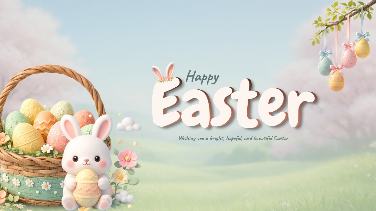 Free Happy Easter Presentation template cover slide with bunny, eggs, and pastel spring colors for PowerPoint