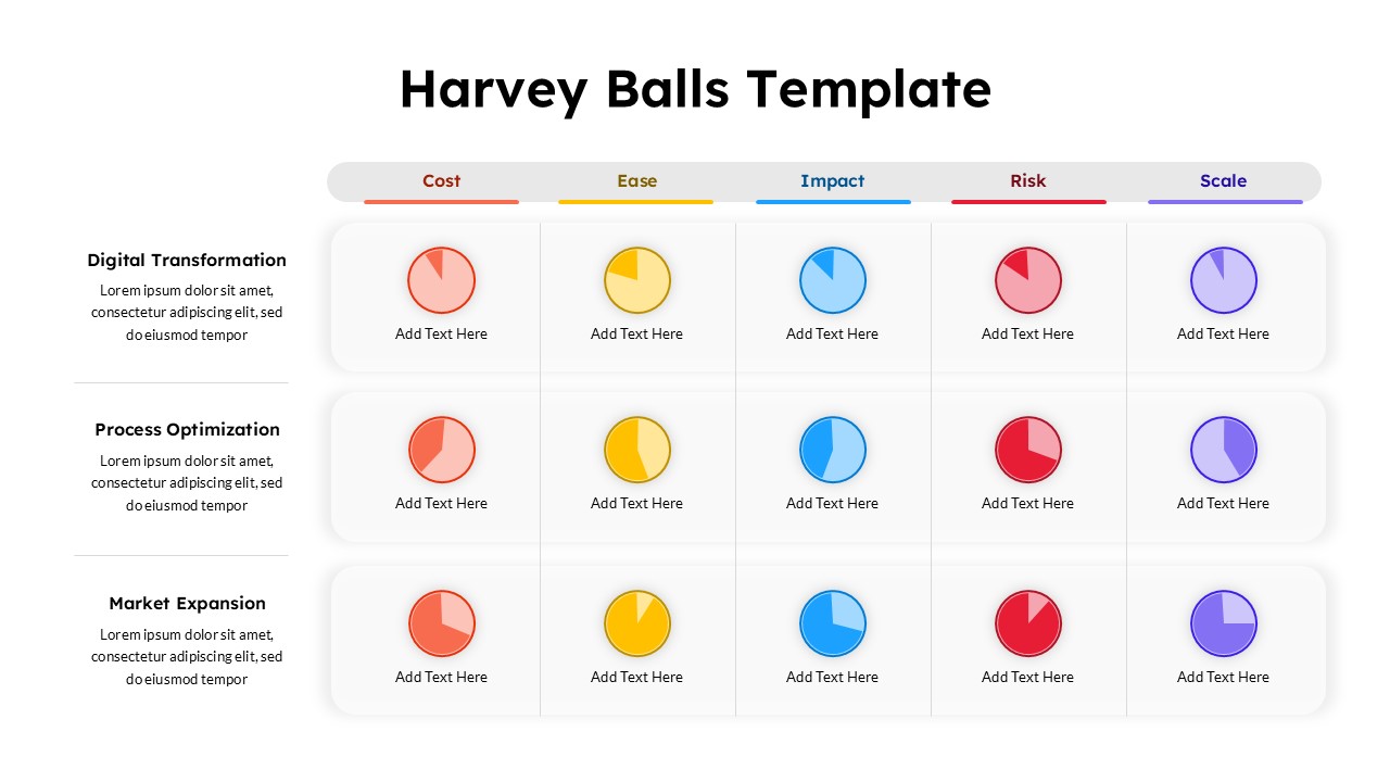 Harvey Balls PowerPoint template with light theme evaluation matrix