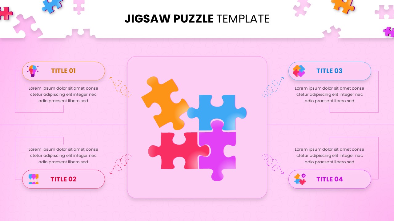 Light pink Jigsaw Puzzle Google Slides template with four colorful puzzle pieces and content sections for presentations