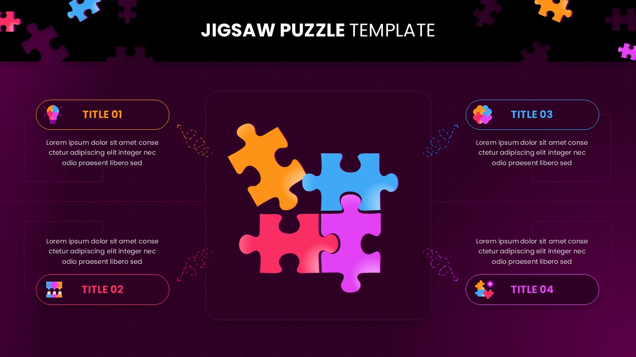 Jigsaw Puzzle Template with four colorful interlocking pieces on dark purple background showing interconnected concepts