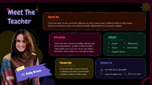 Meet The Teacher Introduction Template - Dark theme slide with teacher profile layout for presentations