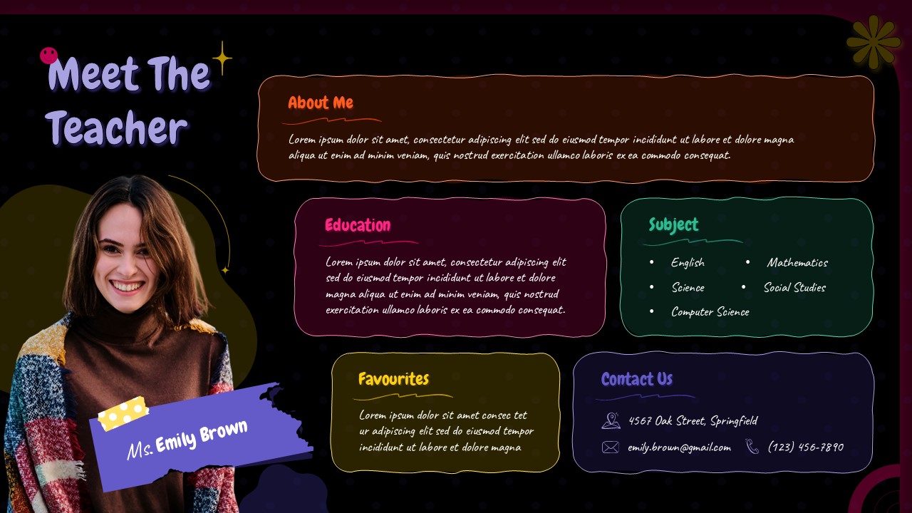 Meet The Teacher Introduction Template - Dark theme slide with teacher profile layout for presentations