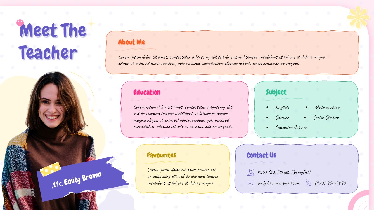 Meet The Teacher Introduction Template - Light theme cover slide for PowerPoint and Google Slides