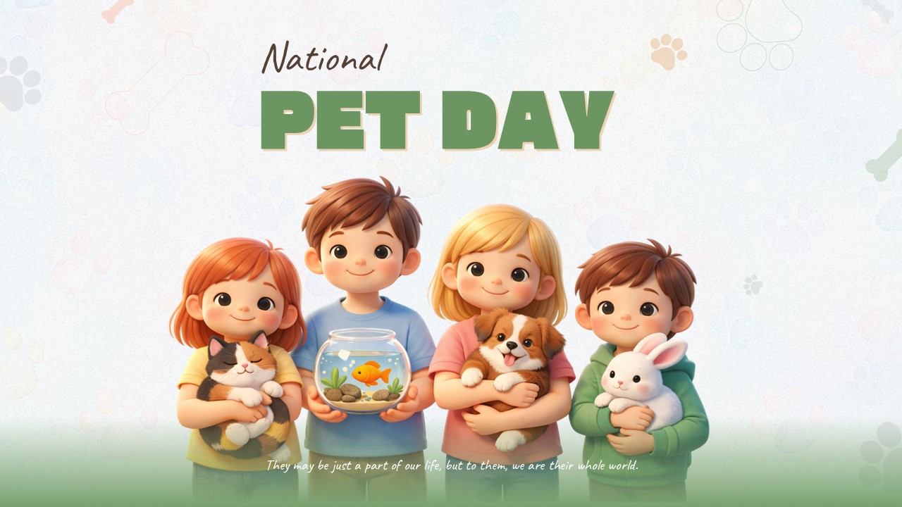 National Pet Day PowerPoint template with cartoon children holding pets