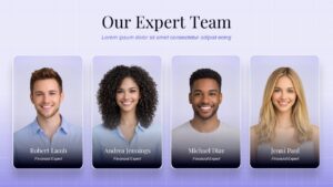 Our Expert Team template variant with 4 professional headshots on light purple
