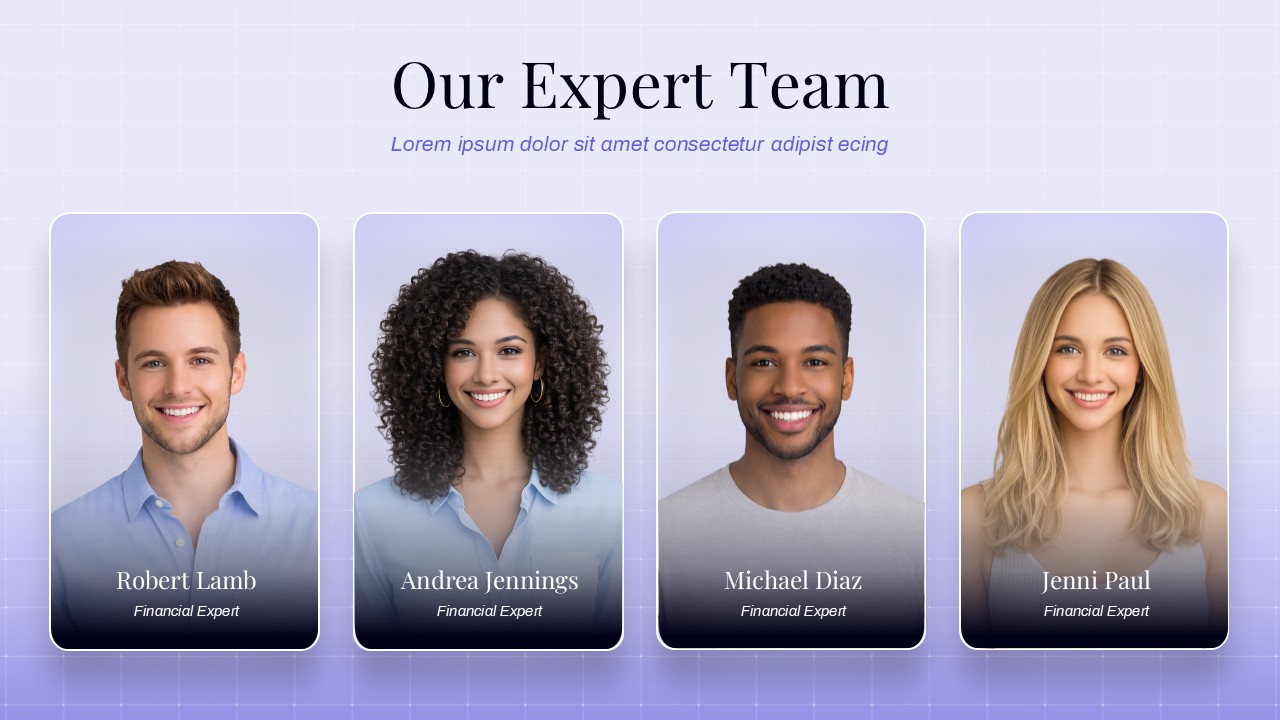 Our Expert Team template variant with 4 professional headshots on light purple