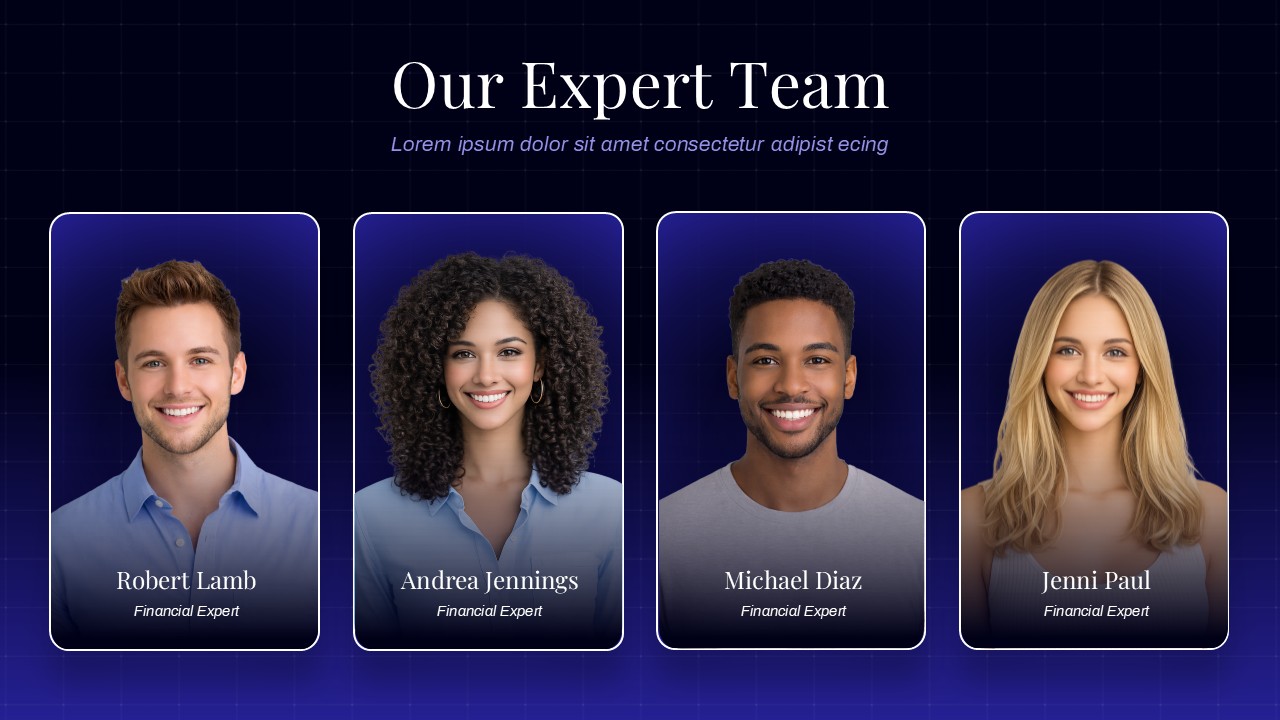 Our Expert Team template with 4 professional headshots on dark gradient