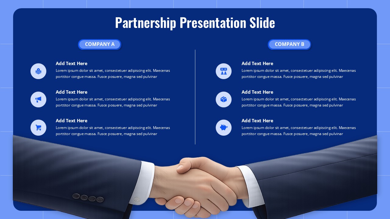 Partnership Presentation Template - Dark theme slide with two-column company comparison layout for PowerPoint