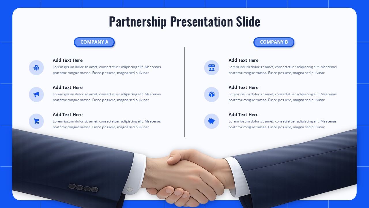 Partnership Presentation Template - Light theme slide showing two-column layout with handshake image for PowerPoint