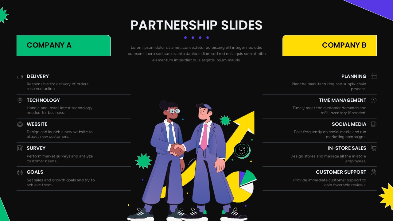 Dark theme business partnership presentation with Partnership Slide Template