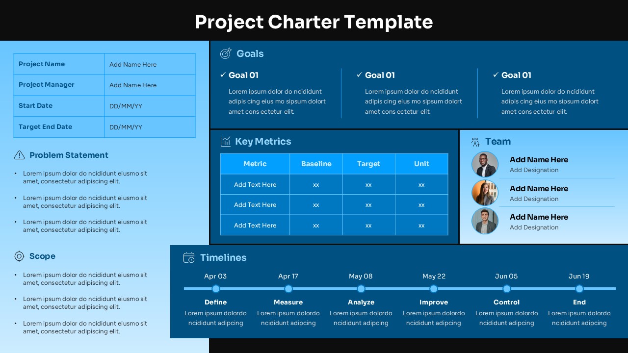 Dark version Project Charter template for PowerPoint Google Slides with navy blue background and timeline layout