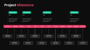 Dark theme Project Milestone Google Slide Template with teal accents, annual timeline, milestone tracking, and professional scheduling layout