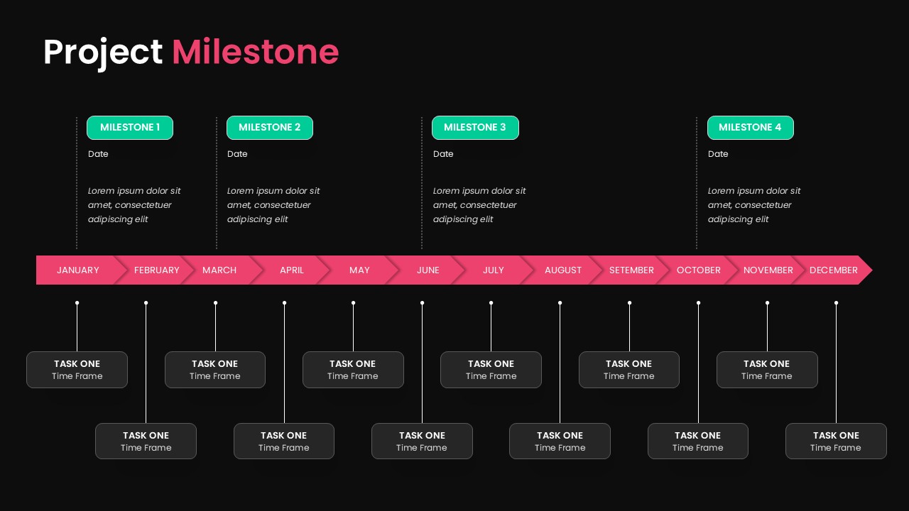 Dark theme Project Milestone Google Slide Template with teal accents, annual timeline, milestone tracking, and professional scheduling layout