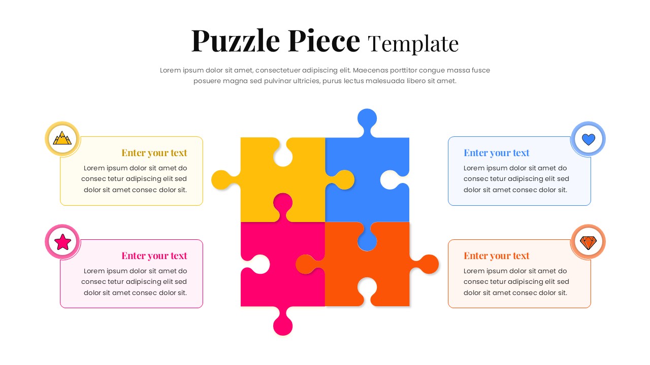 Puzzle Piece Template - Light theme slide with 4 colorful interlocking puzzle pieces and text boxes for PowerPoint