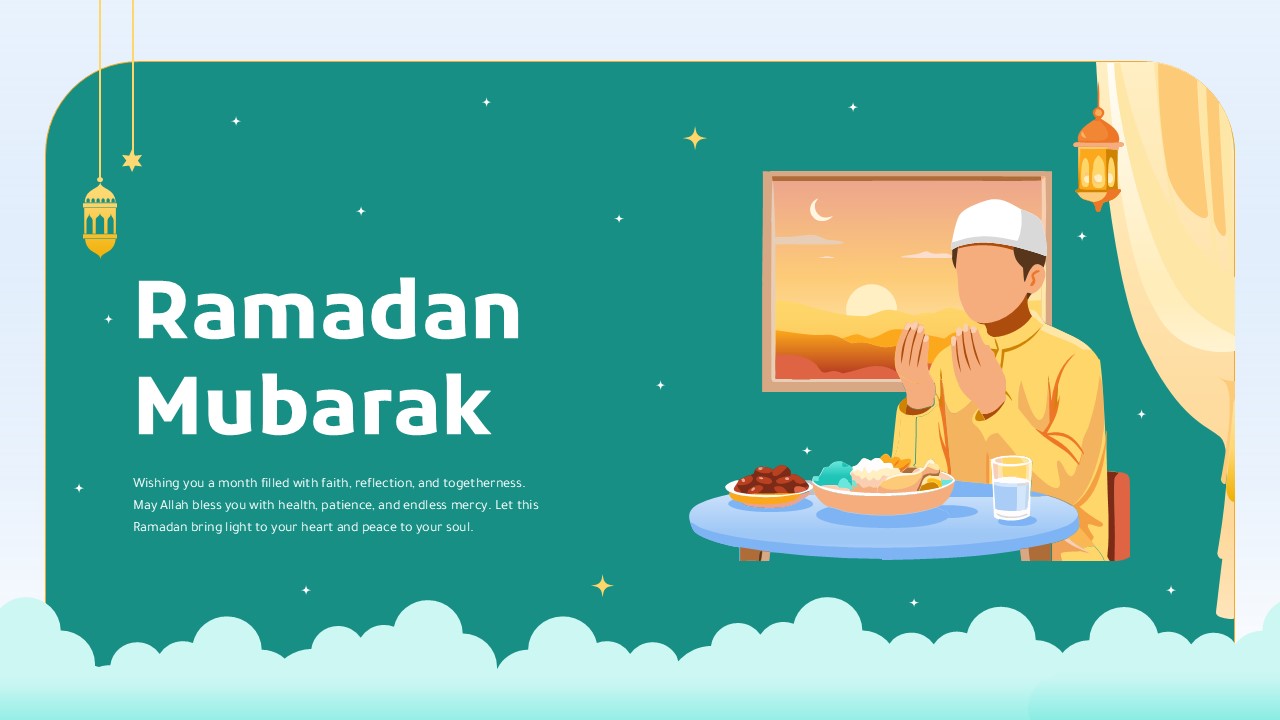Ramadan Mubarak Google Slides & PowerPoint template cover with Islamic lanterns, prayer illustration, and greeting text