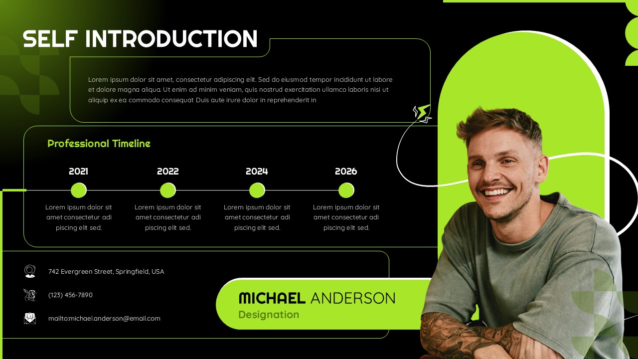 Self Introduction Slide Template - Dark theme variant with same layout, timeline and professional elements