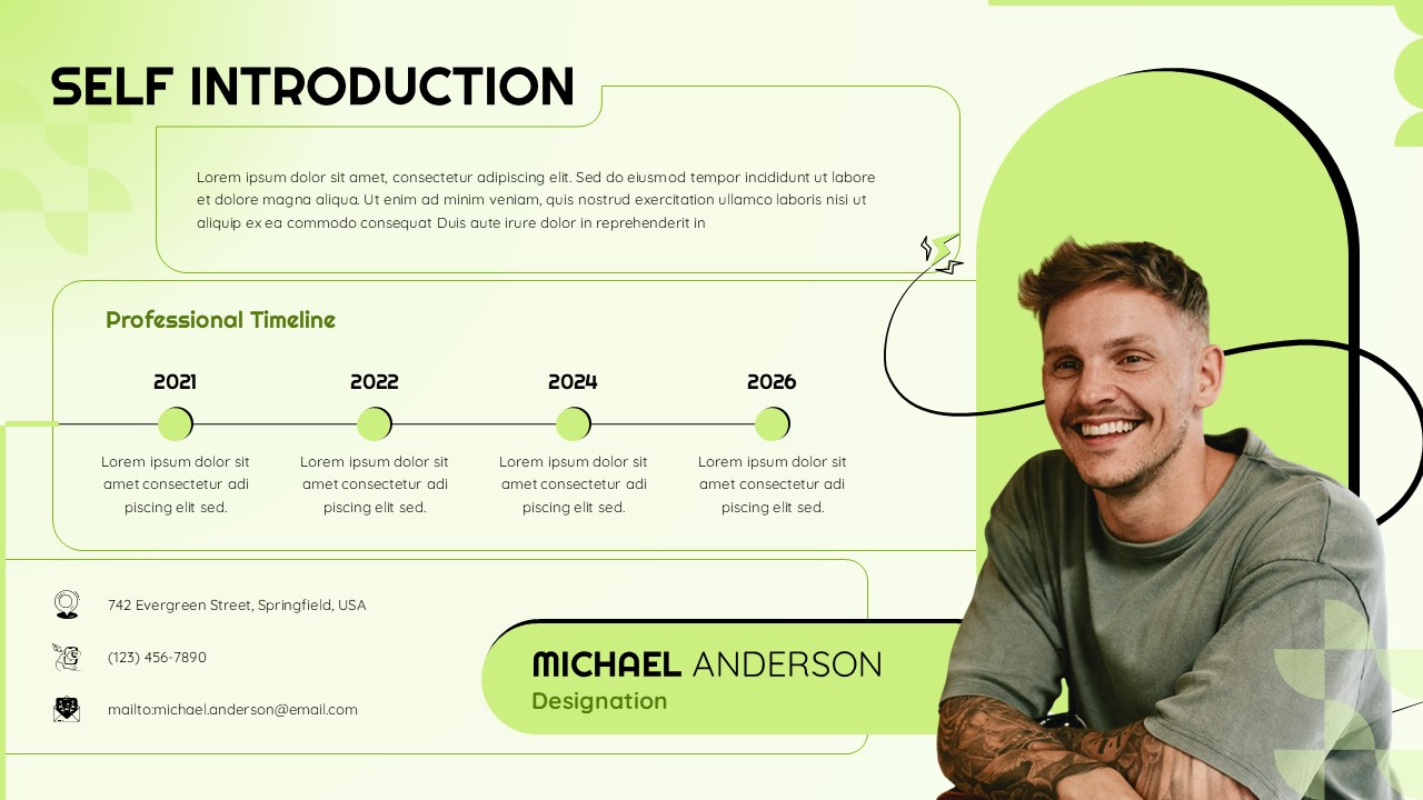 Self Introduction Template - Light theme slide with professional photo, timeline, and contact info for PowerPoint