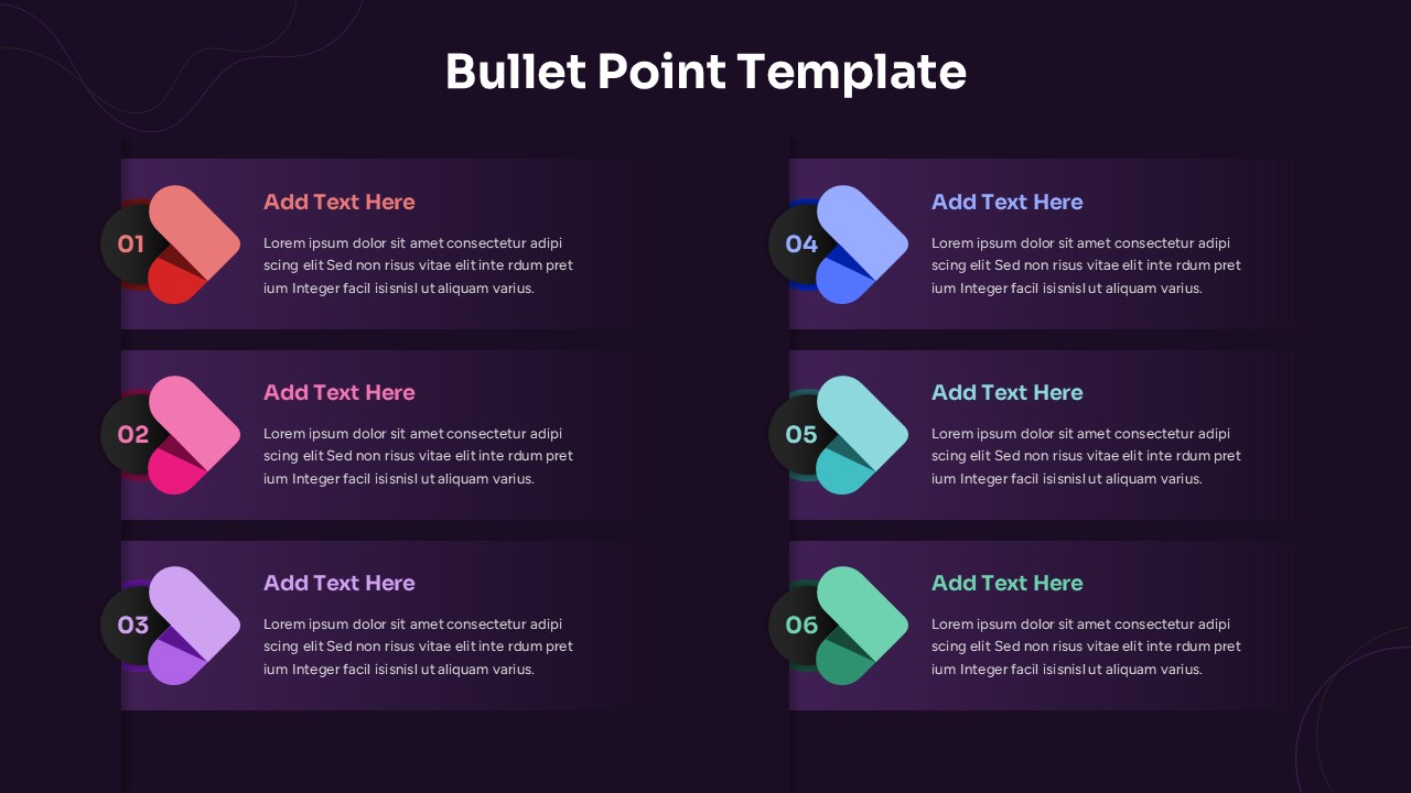 Professional strategy presentation with Bullet Point Template featuring 3D icons on dark background