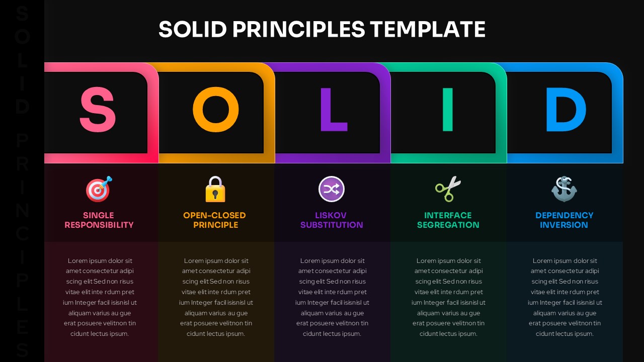 SOLID Principles template dark theme variant with colorful blocks on black background