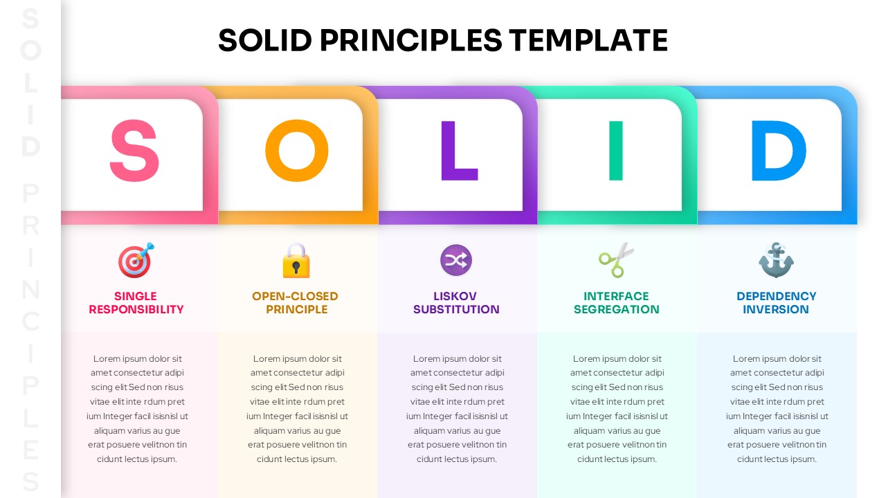 SOLID Principles template with 5 colorful blocks spelling SOLID on white background