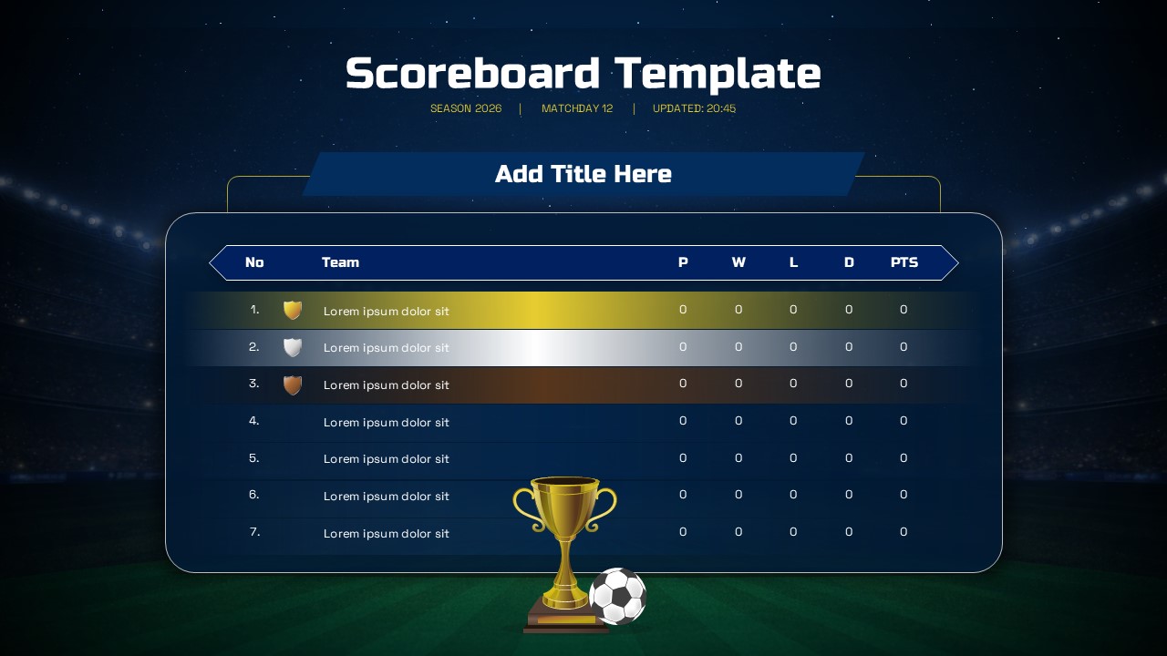 Sports Scoreboard Google Slides PowerPoint template with team rankings table and stadium background design