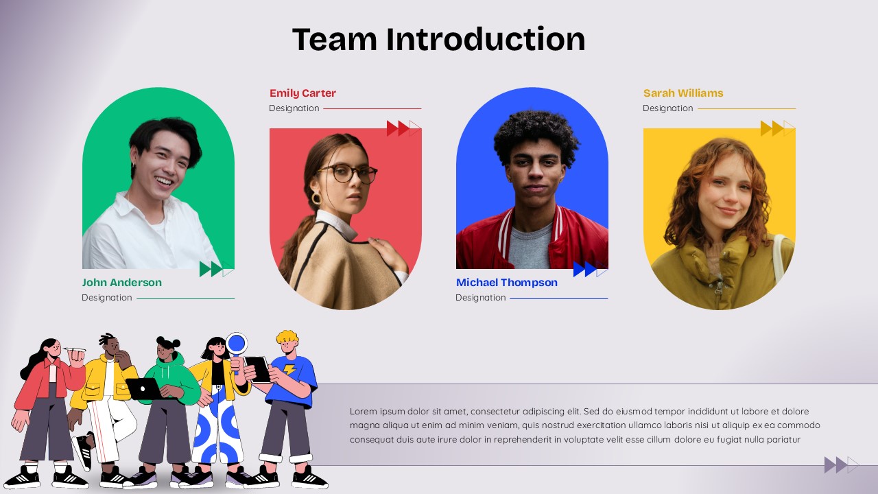 Team Introduction PowerPoint & Google Slides Template - Light background variant with 4 team member profiles