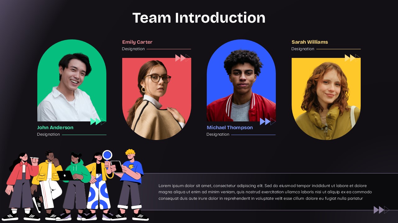 Team Introduction PowerPoint & Google Slides Template - Dark background slide with 4 circular profile cards