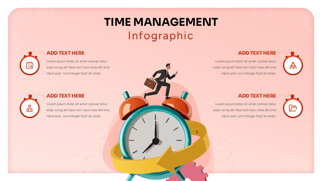 Time Management Infographic Template - Pink cover slide with alarm clock and businessman for PowerPoint and Google Slides