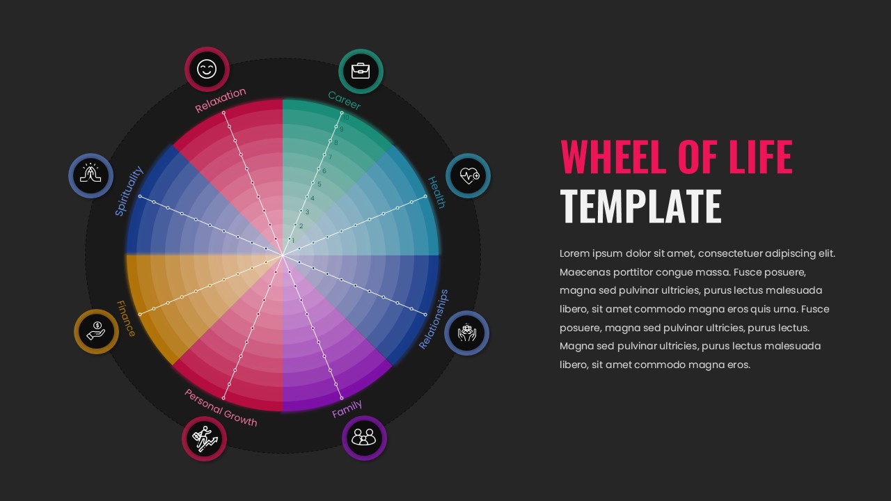 Wheel of Life Template - Dark theme variant with 8-segment life assessment wheel and colorful icons