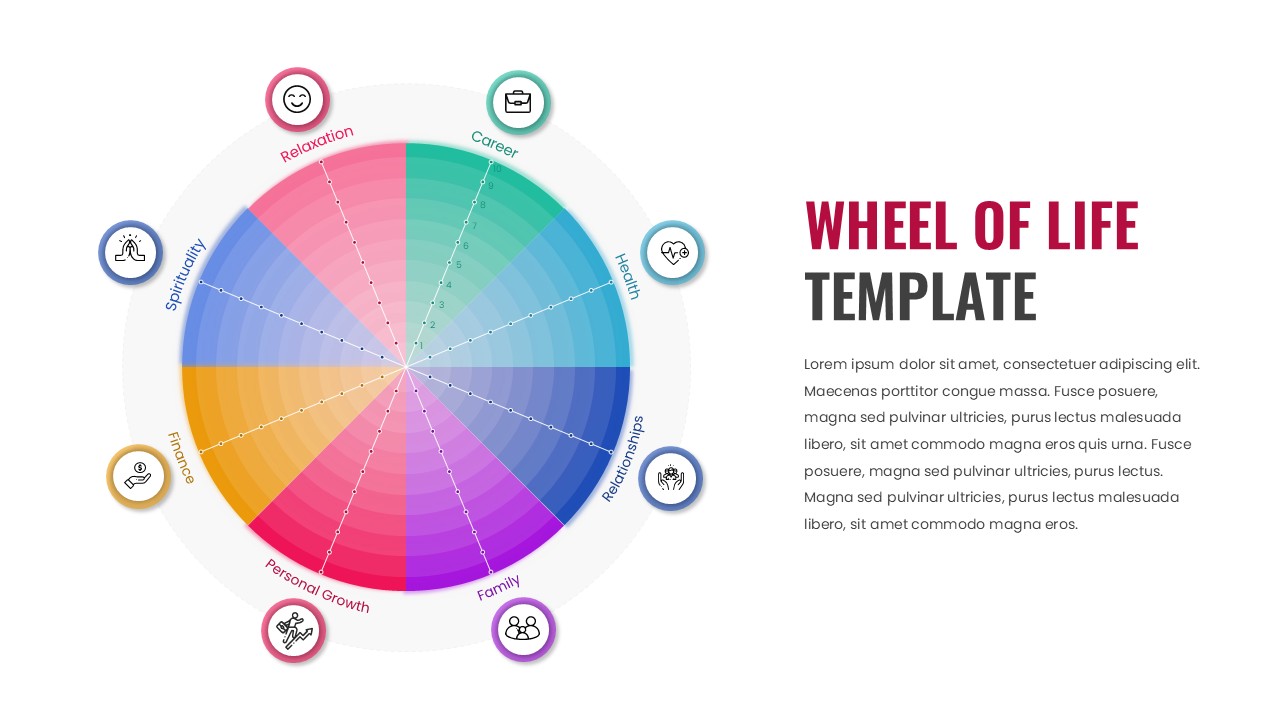 Wheel of Life Template - Light theme slide with 8-segment circular diagram and life category icons for PowerPoint