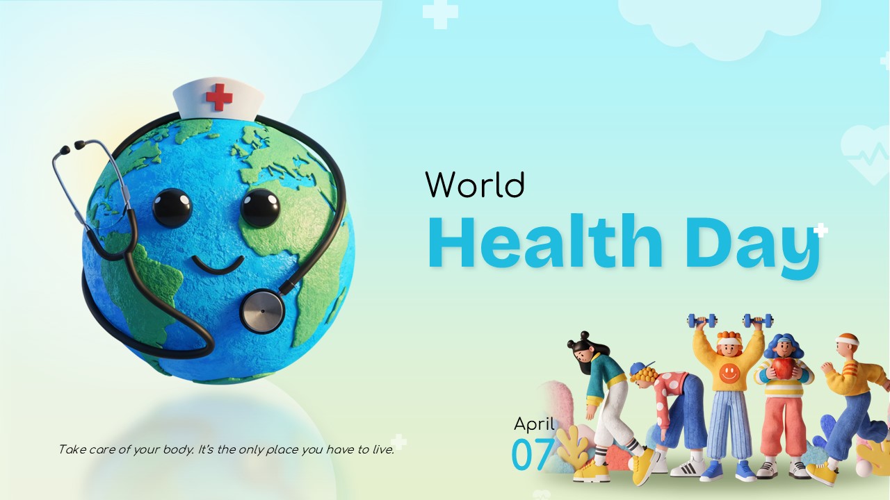World Health Day template with Earth character and people exercising