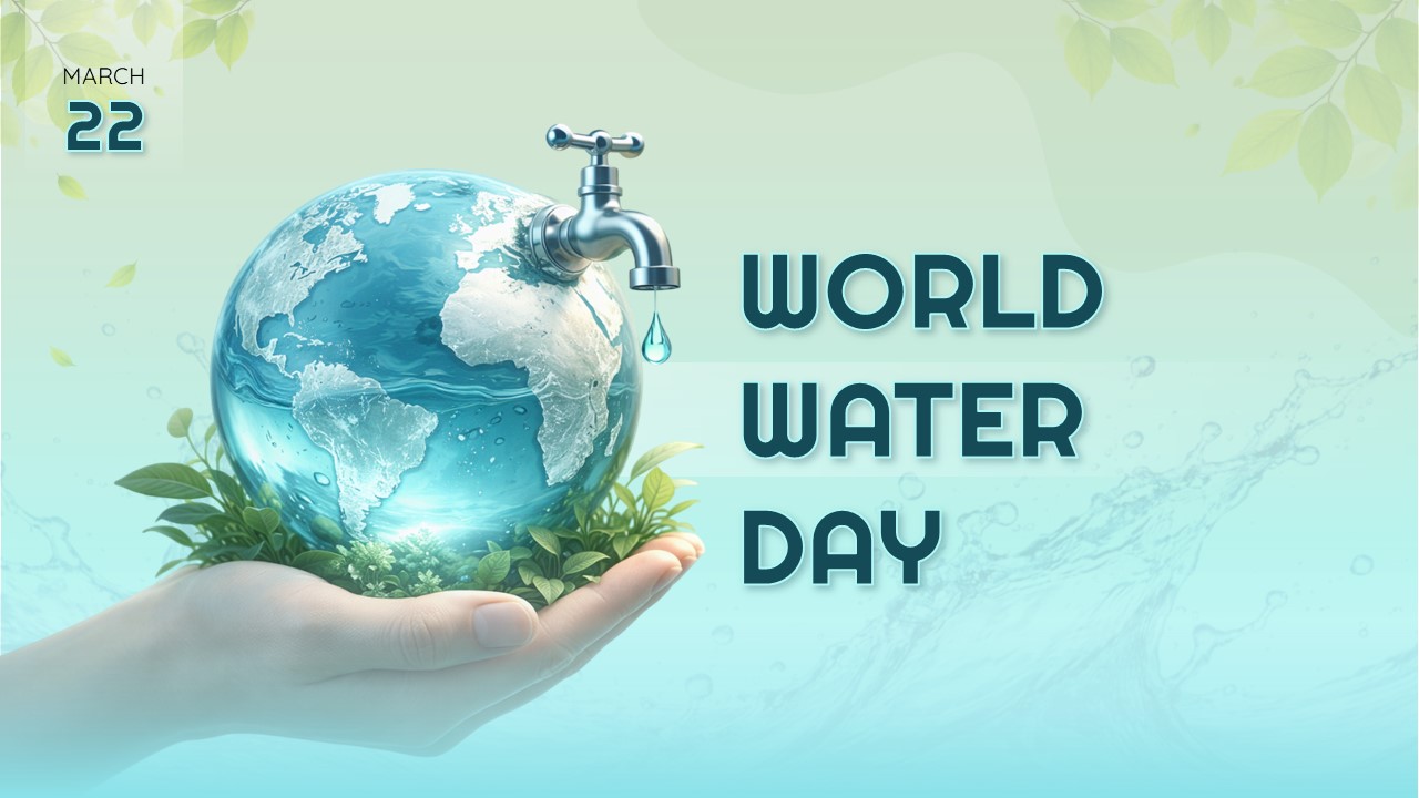 Water Day Google Slides & PowerPoint Template - Cover slide with 3D globe, water tap, and World Water Day March 22 text