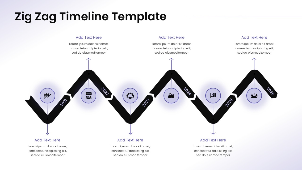 Clean Zig Zag Timeline Template displaying 6-year progression with purple accents on professional white background