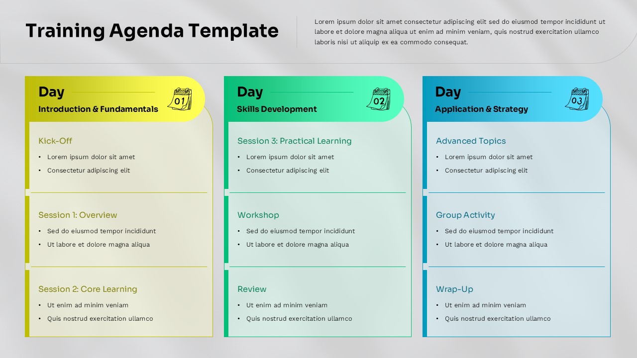 Light-themed training agenda slide with three columns outlining introduction, skills development, and application sessions