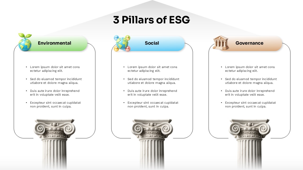 ESG slide with three columns for environmental, social, and governance pillars, each with bullet points and icons