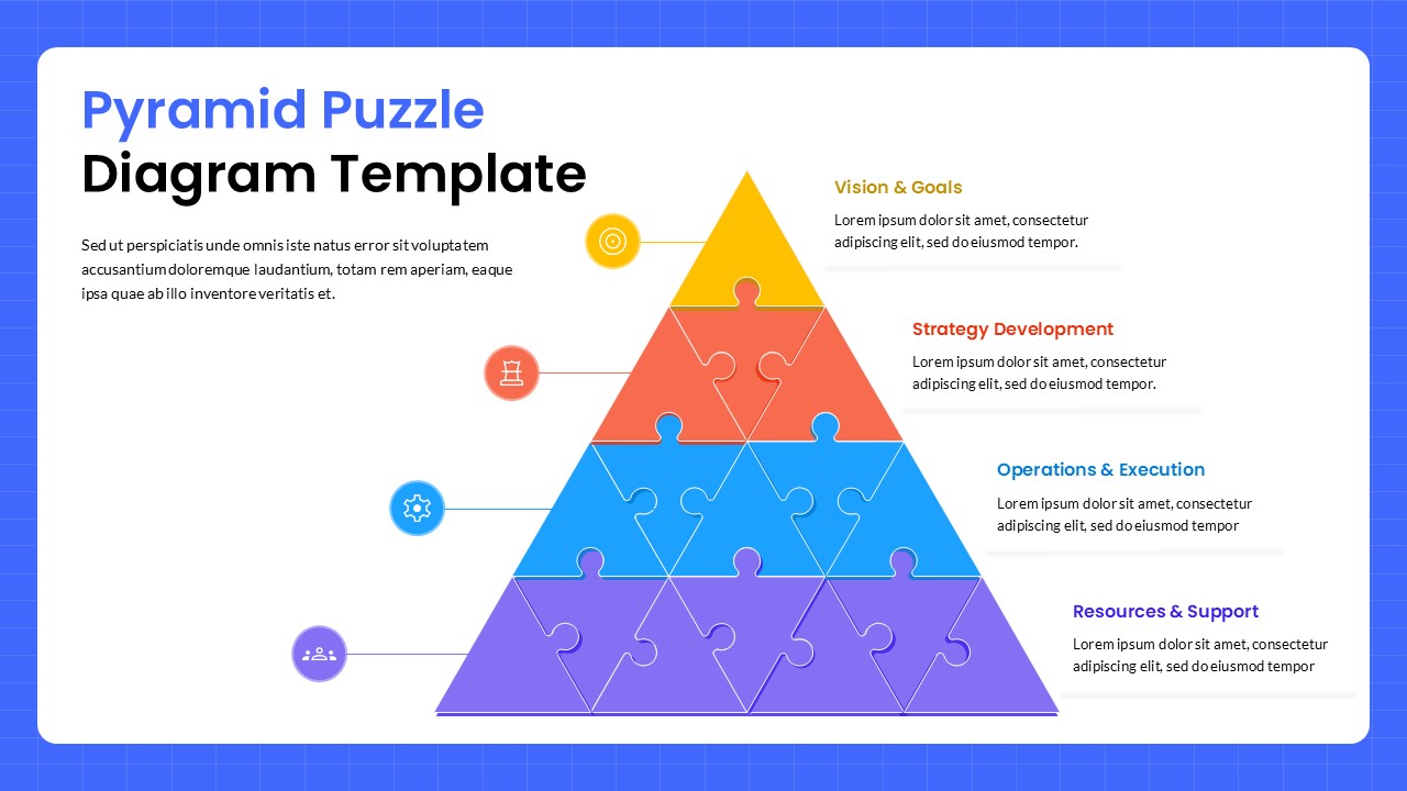 Minimal pyramid puzzle diagram PPT slide with four colorful layers representing business stages and aligned text explanations on side