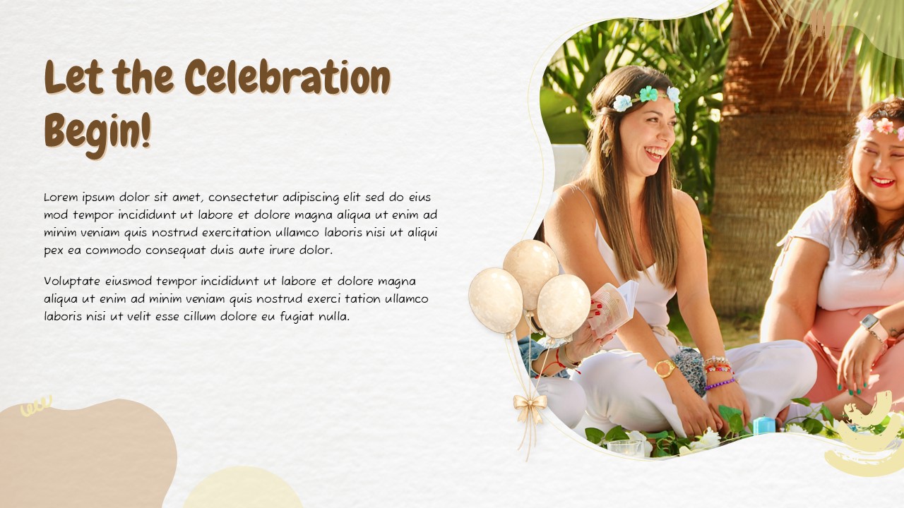 Let the Celebration Begin Baby Shower Google slide with baby shower scene, friends smiling, balloons, and soft pastel design