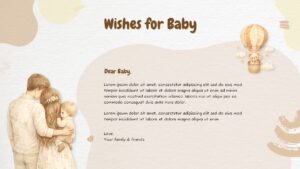 Baby Shower PPT presentation slide with wishes text, soft colors, and baby-themed illustration