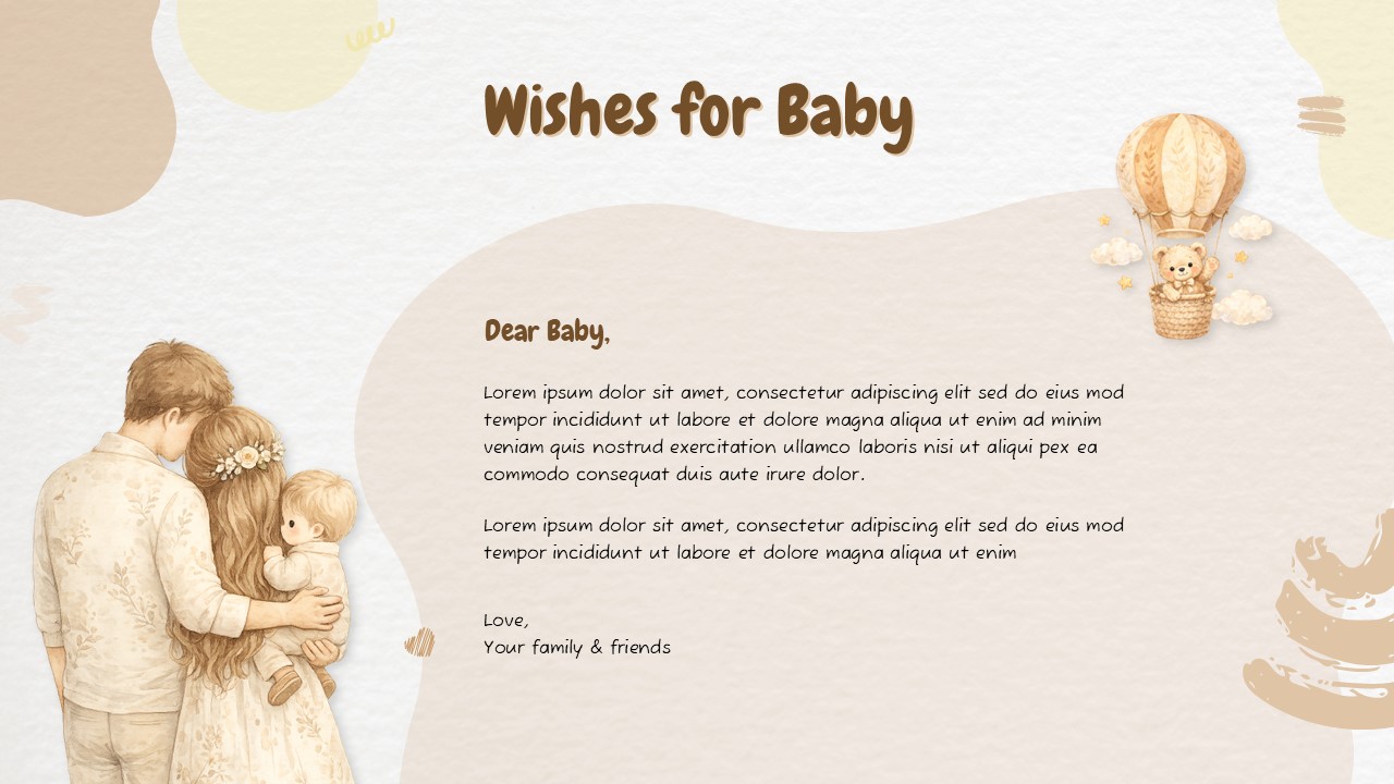Baby Shower PPT presentation slide with wishes text, soft colors, and baby-themed illustration