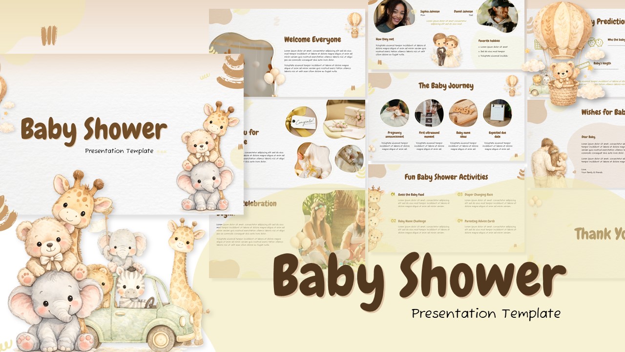 Baby Shower PowerPoint Template Cover Slide with cute animals, pastel colors, and event details layout