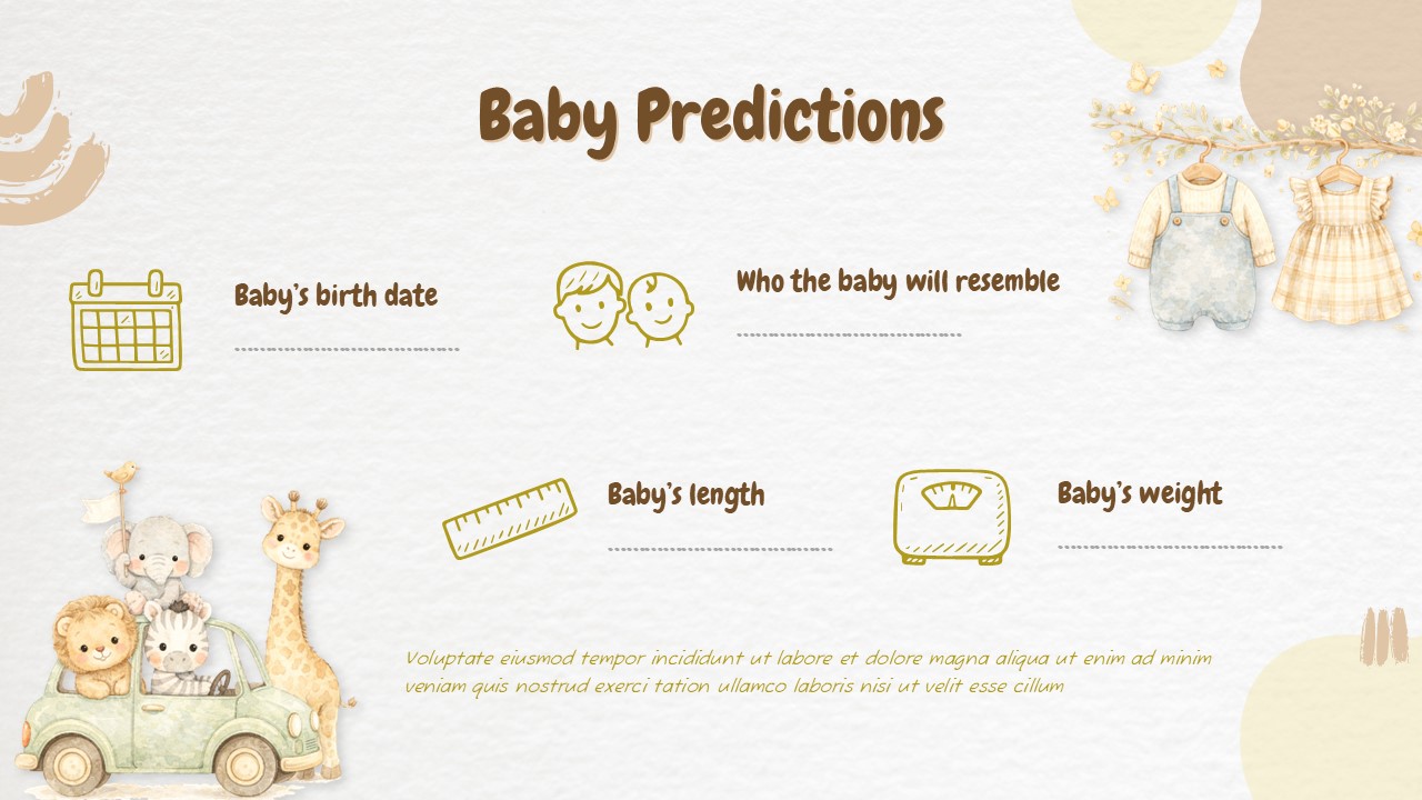 Baby Shower PowerPoint Background with baby predictions icons and pastel theme