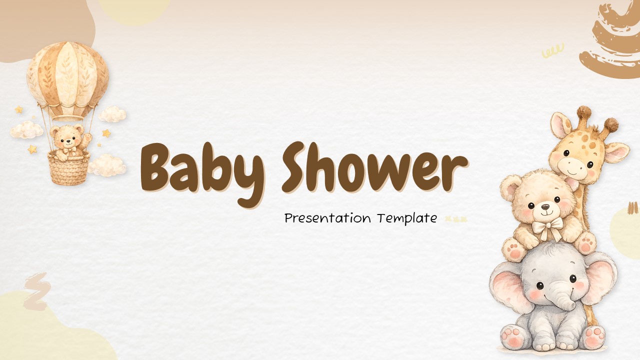 Baby Shower Slideshow presentation slide with cute teddy bears, pastel theme, and decorative balloons