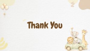 Thank You presentation slide with baby shower slideshow theme, cute animals in car, and soft pastel background