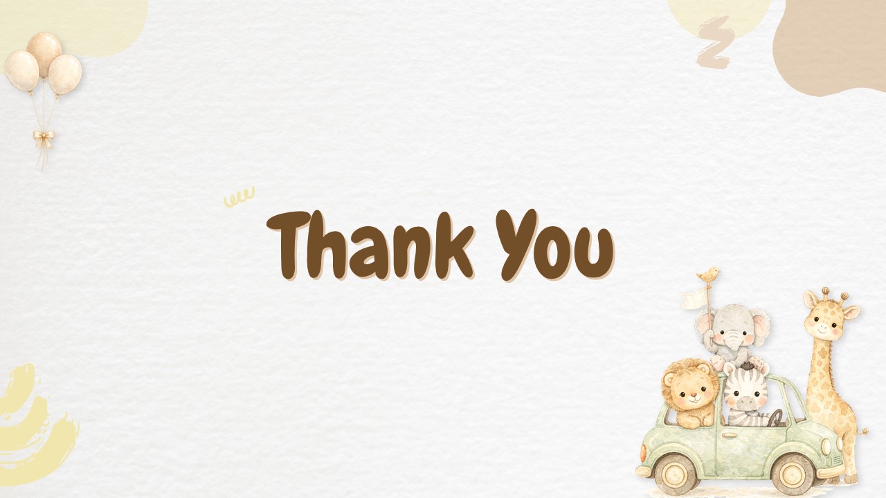 Thank You presentation slide with baby shower slideshow theme, cute animals in car, and soft pastel background