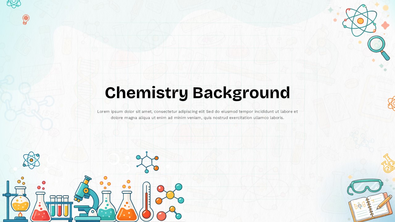 PPT slide with Chemistry Background heading, soft grid backdrop, lab icons like flasks, microscope, and molecules.