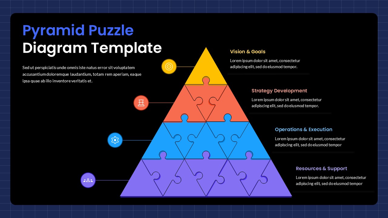 Colorful pyramid puzzle diagram google slide showing four business levels from vision to resources with icons and text sections
